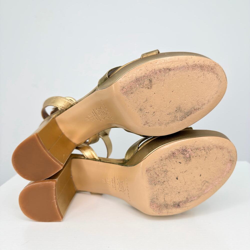 Margaux Gold Nappa Leather Platform Sandals Size 37.5 Block Heel Ankle Strap - Picture 15 of 16